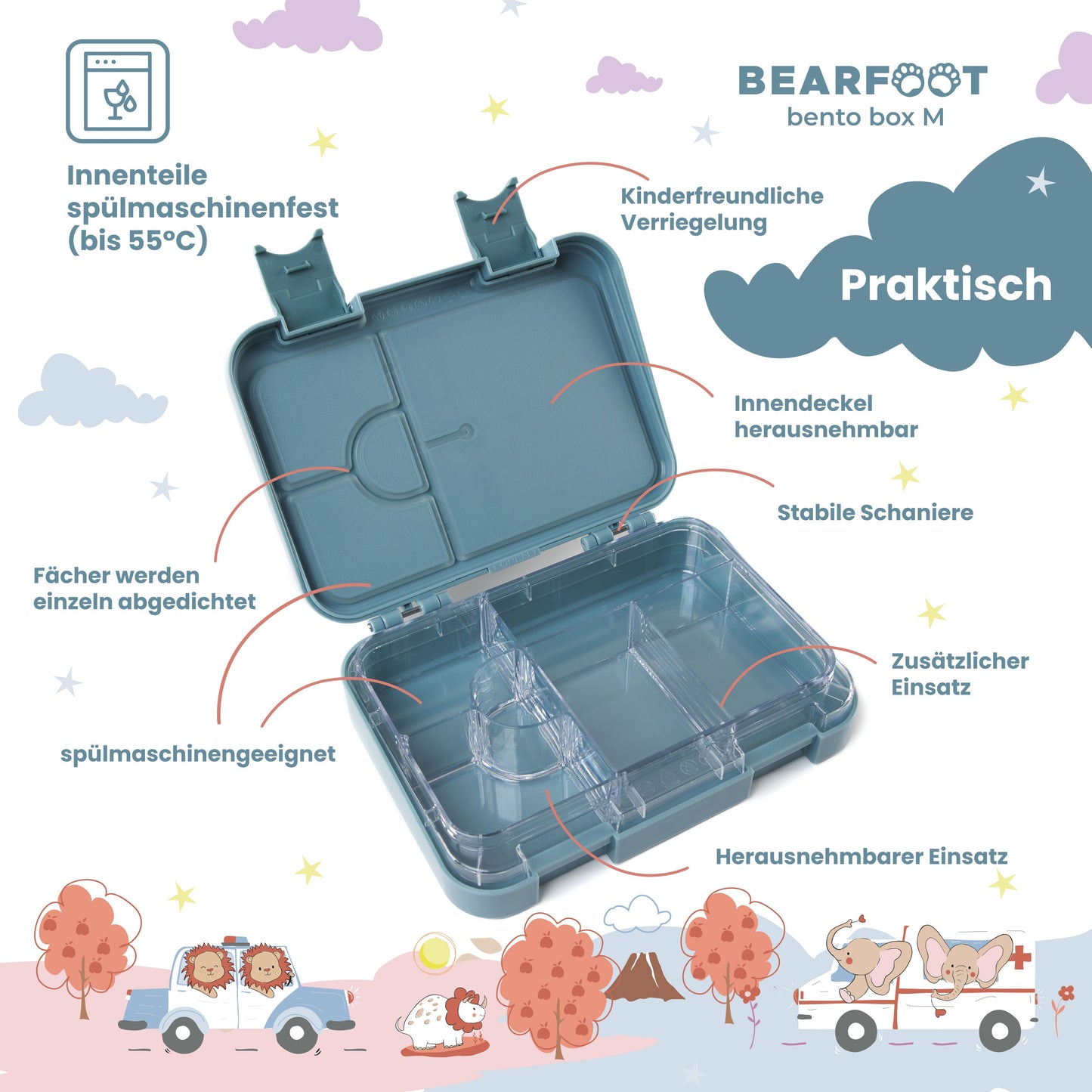 Brotdose Kinder mit Fächern, Lunchbox, Bento box - Bär
