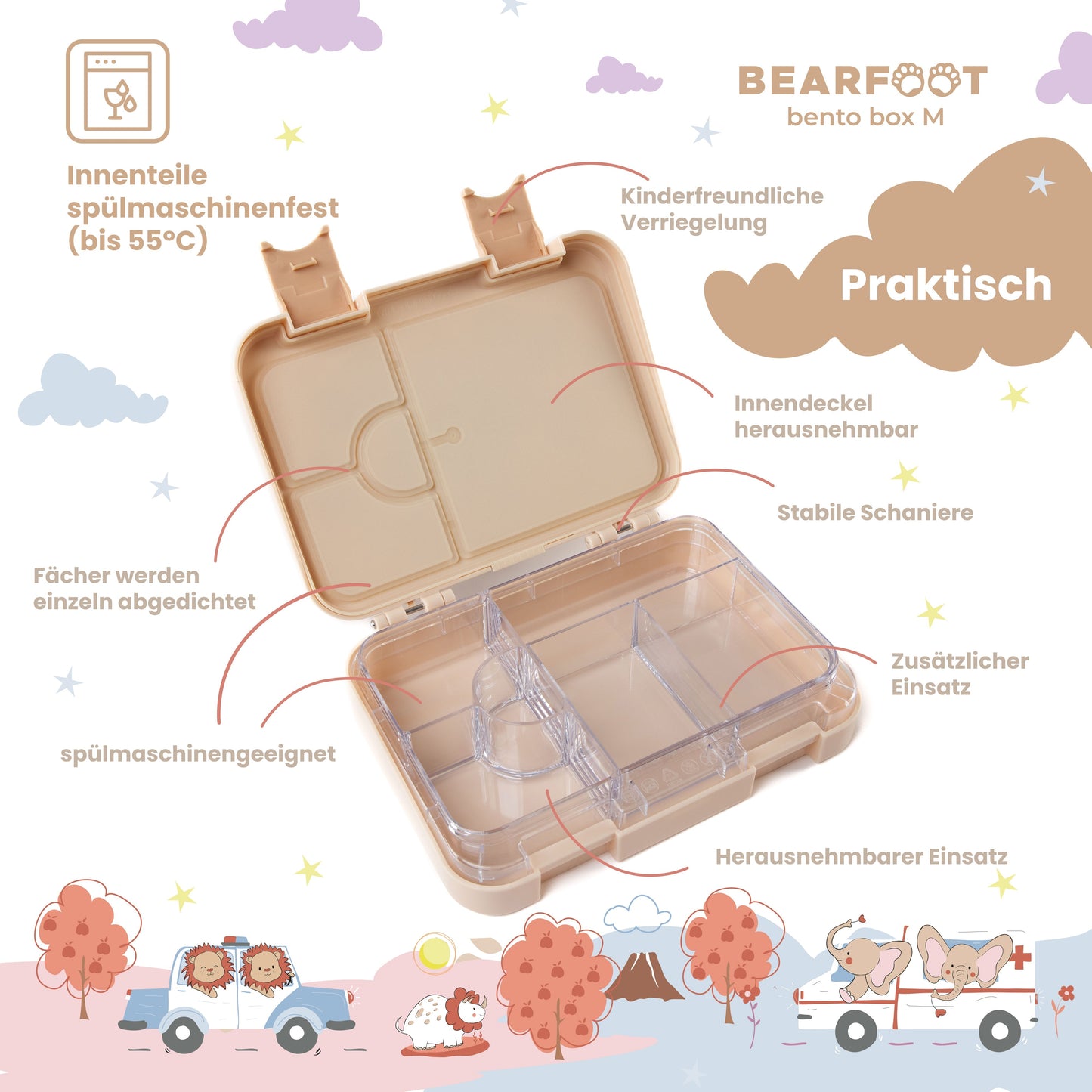 Brotdose Kinder mit Fächern, Lunchbox, Bento box - Dinos
