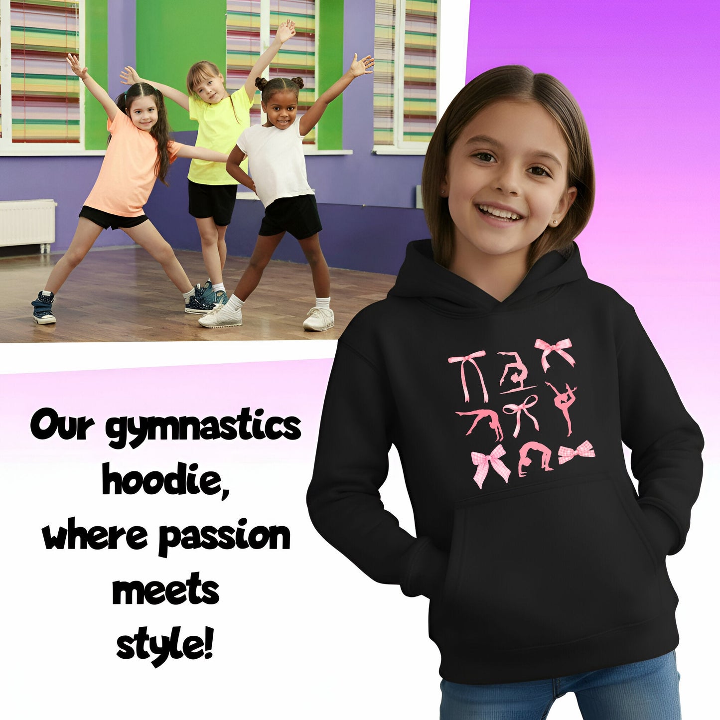 Fringoo Gymnastic Sweat à capuche for enfant Cotton Rich Soft Hooded Sweatshirt- Ribbon noir