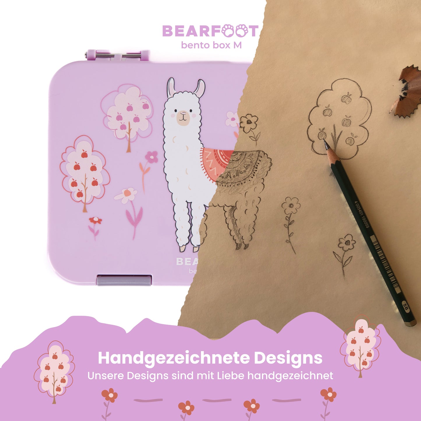 Brotdose Kinder mit Fächern, Lunchbox, Bento box - Lama Lila