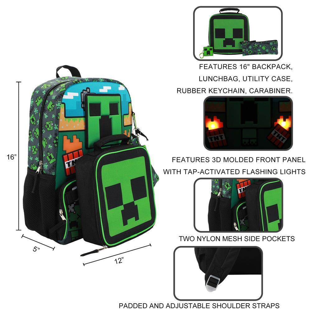 Set sac à dos enfant Minecraft Creeper 5 pièces