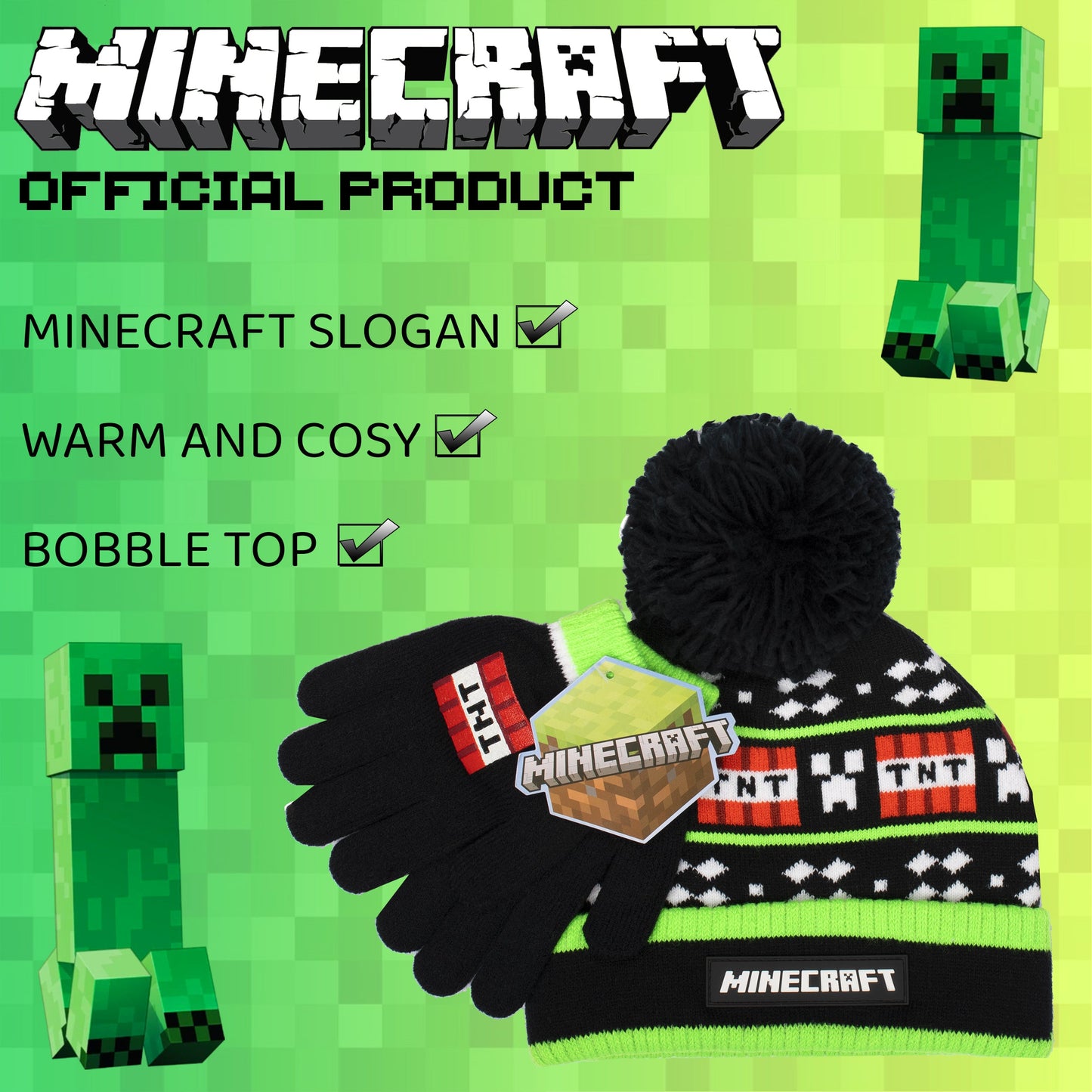 Minecraft Hat & Gloves Set – noir TNT