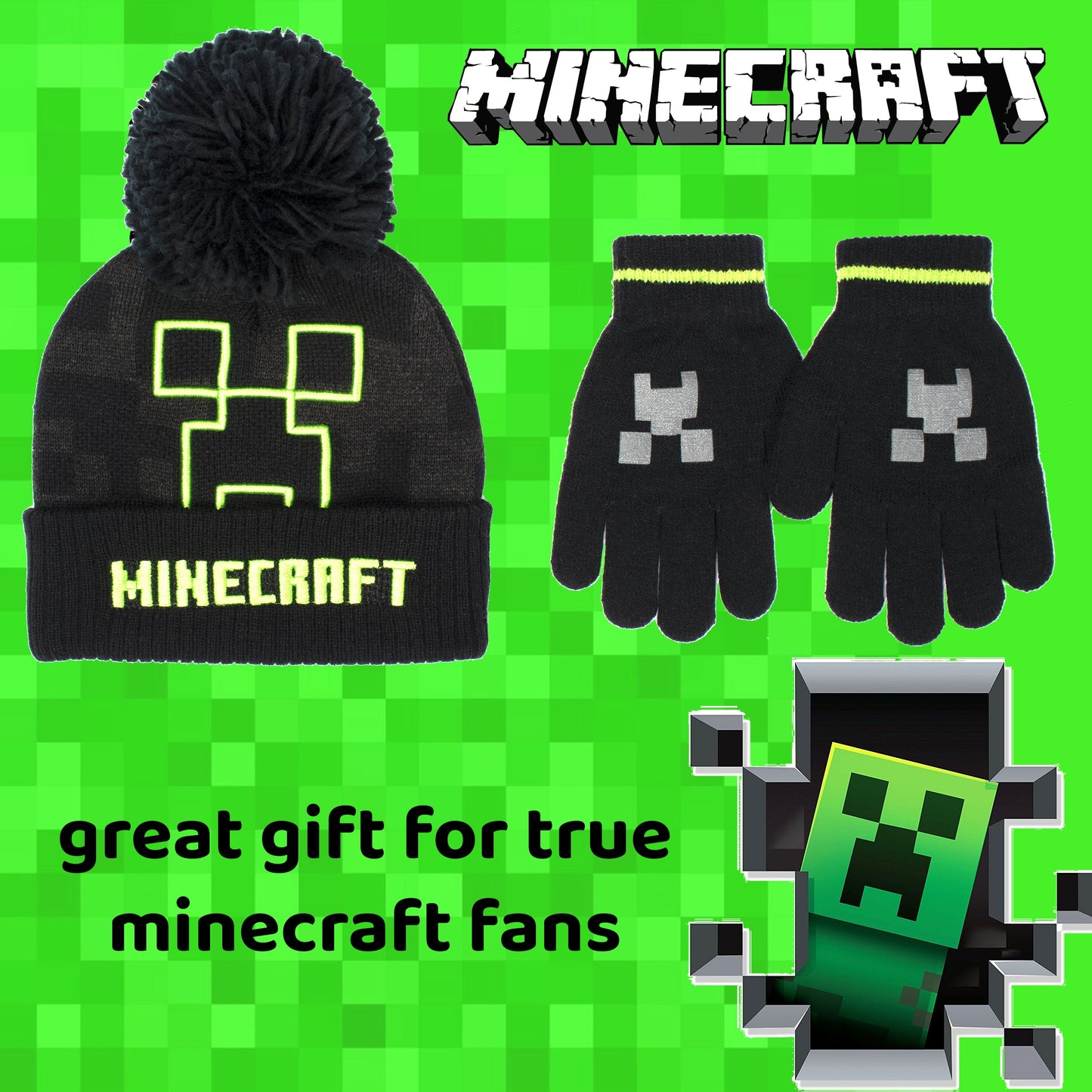 Minecraft Hat & Gloves Set – gris Creeper