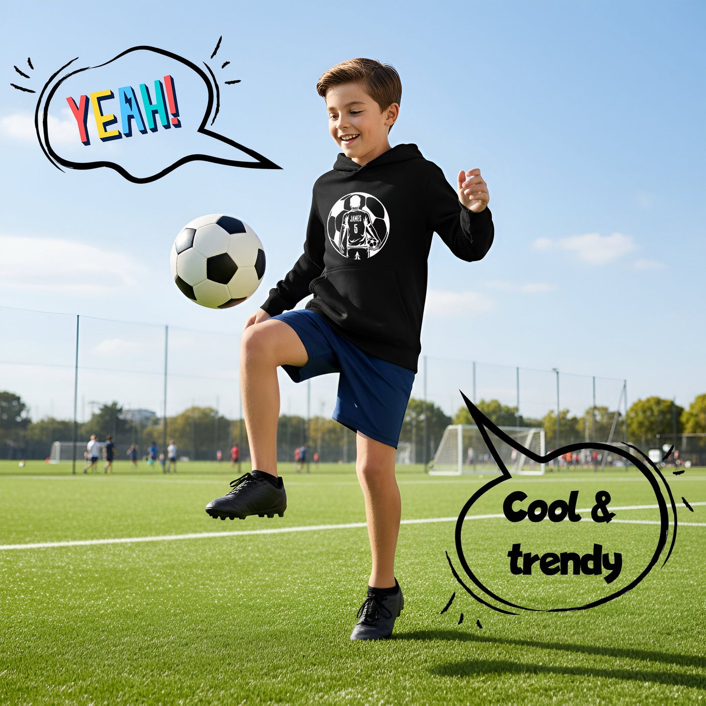 Fringoo football Sweat à capuche noir garçon Cotton Rich Soft Hooded Sweatshirt- football Ball noir