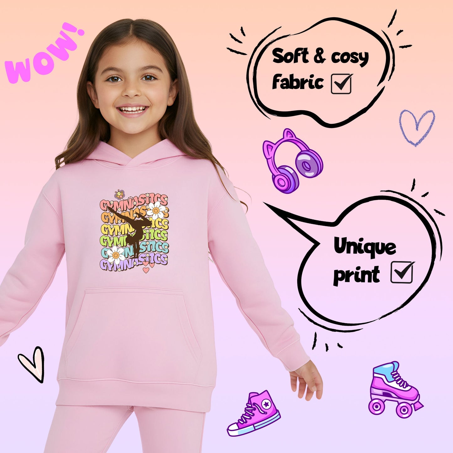 Fringoo Gymnastic Sweat à capuche for enfant Cotton Rich Soft Hooded Sweatshirt- Gymnastic Daisy- rose