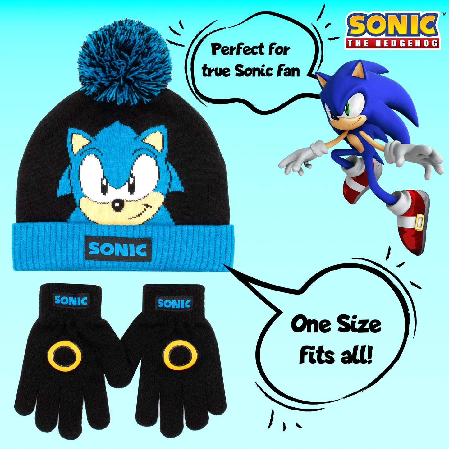 Sonic THE HEDGEHOG Winter Hat & Gloves Set garçon-noir