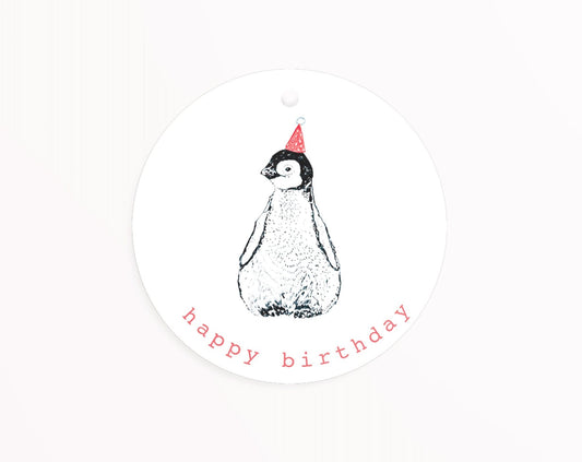 Étiquette ronde d’anniversaire Pingouin Kathings Happy Birthday en papier recyclé FSC