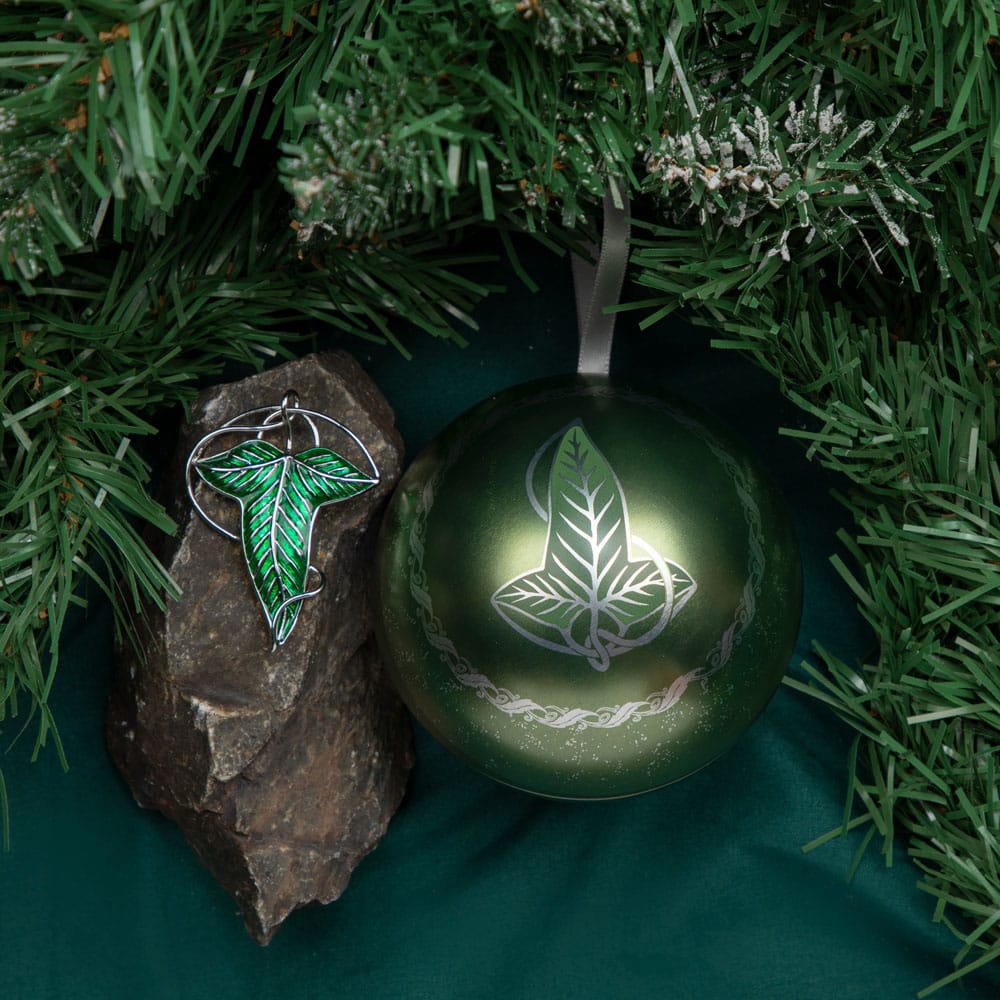 Kerstbal met Lord of the Rings-thema en broche met het blad van Lothlórien