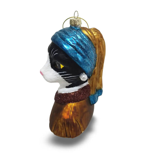 Girl with a Pearl Bead Christmas Bauble Cat Tuxedo