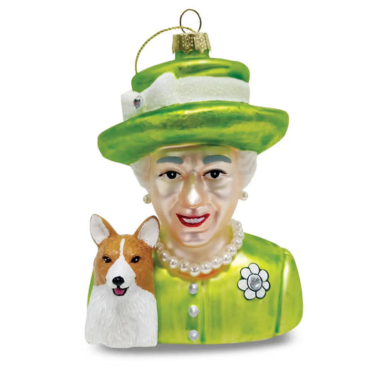 Adorno navideño verde Reina Isabel y Corgi