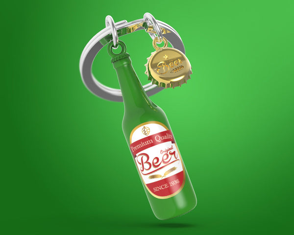 Sleutelhangertje in de vorm van een groene bierfles