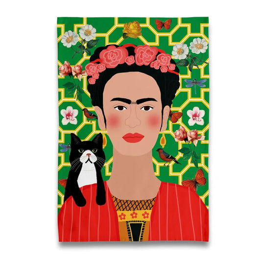 Paño de cocina Frida Kahlo y su gato 