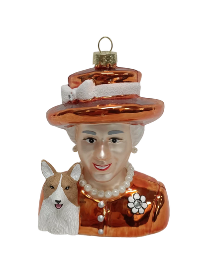 Adorno navideño naranja Queen Elizabeth y Corgi